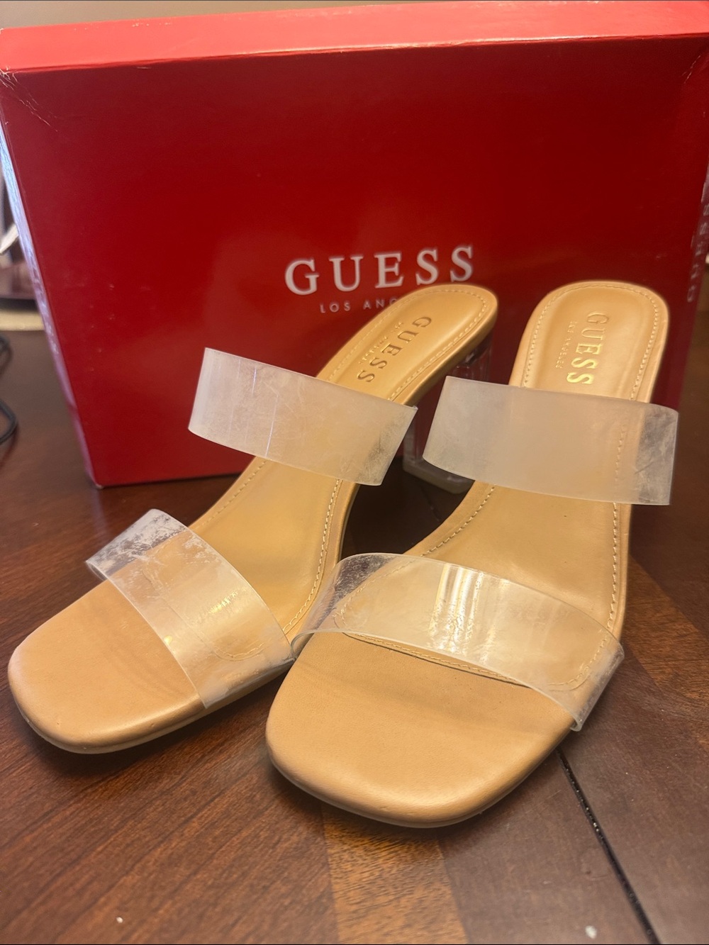 GUESS Clear Double-Strap Tan Slide Mules